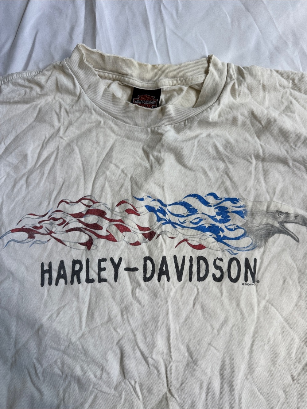 Harley-Davidson White Tee with Red and Blue Flame Flag and Eagle 2004